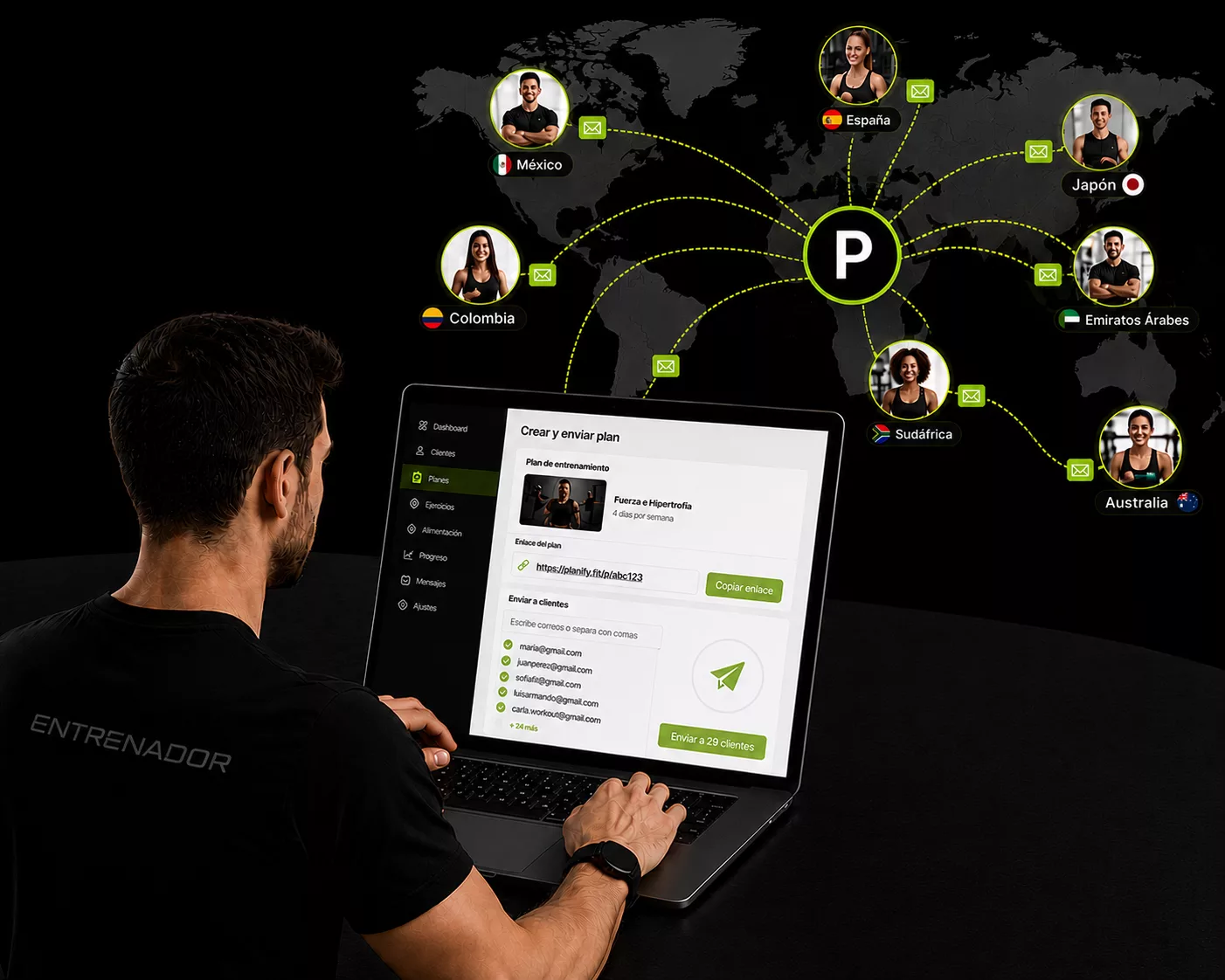 Entrenador enviando un plan desde su portátil a clientes de México, España, Colombia, Japón, Emiratos Árabes, Sudáfrica y Australia