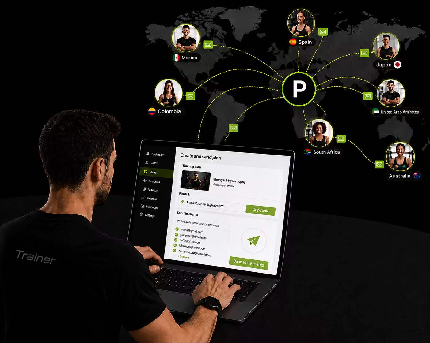 A trainer sending a plan from their laptop to clients in Mexico, Spain, Colombia, Japan, the UAE, South Africa and Australia